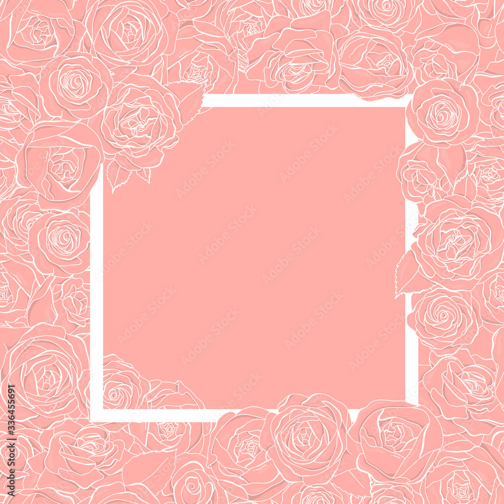 Creative frame with rose flowers. White outline on a pink background. Space for your text. Creative frame with rose flowers. White outline on a pink background. Space for your text.