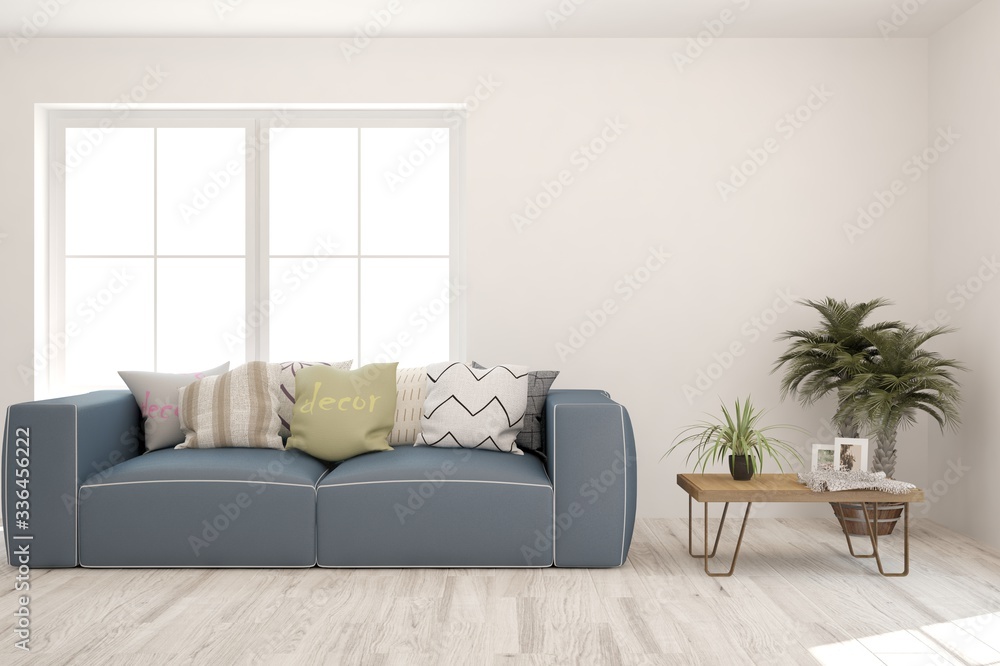 Naklejka premium White living room with sofa. Scandinavian interior design. 3D illustration