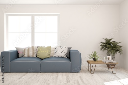 White living room with sofa. Scandinavian interior design. 3D illustration