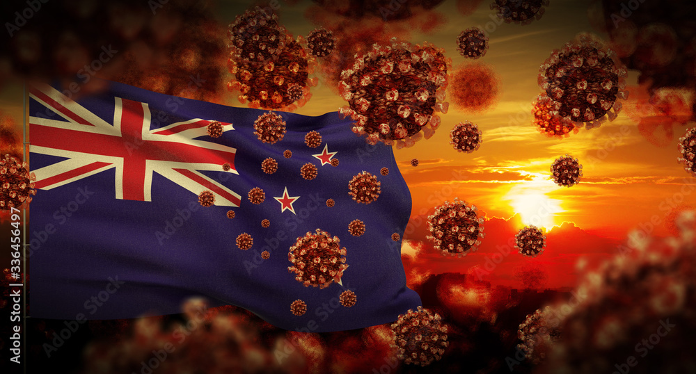 COVID-19 Coronavirus 2019-nCov virus outbreak lockdown concept concept with flag of New Zealand. 3D illustration.