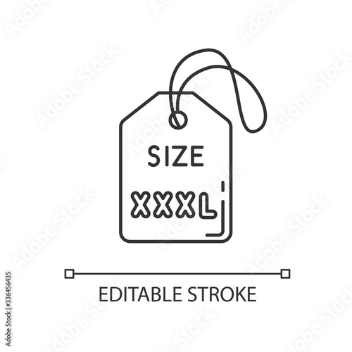 XXXL size label pixel perfect linear icon. Thin line customizable illustration. Clothing parameters description contour symbol. Info tag for apparel. Vector isolated outline drawing. Editable stroke