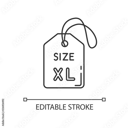 Extra large size label pixel perfect linear icon. Thin line customizable illustration. Clothing parameters contour symbol. Tag with XL letters. Vector isolated outline drawing. Editable stroke