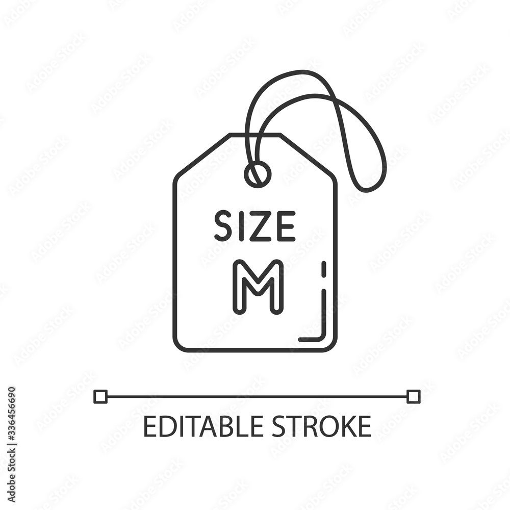 Medium size label pixel perfect linear icon. Thin line customizable illustration. Clothing parameters information contour symbol. Tag with M letter. Vector isolated outline drawing. Editable stroke Medium size label pixel perfect linear icon. Thin line customizable illustration. Clothing parameters information contour symbol. Tag with M letter. Vector isolated outline drawing. Editable stroke