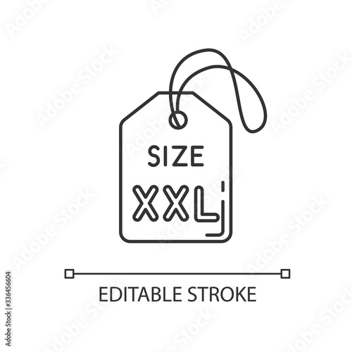 XXL size label pixel perfect linear icon. Thin line customizable illustration. Garments parameters specification contour symbol. Tag with XXL letters. Vector isolated outline drawing. Editable stroke