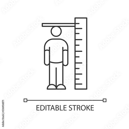 Height measurement pixel perfect linear icon. Thin line customizable illustration. Body size determination. Tailoring, body growth contour symbol. Vector isolated outline drawing. Editable stroke
