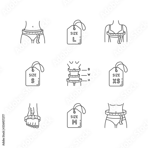Female clothing sizes pixel perfect linear icons set. Various women body parameters, bespoke tailoring customizable thin line contour symbols. Isolated vector outline illustrations. Editable stroke