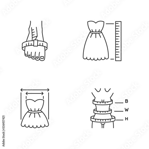 Female clothing size measurements pixel perfect linear icons set. Body proportions and product dimensions customizable thin line contour symbols. Isolated vector outline illustrations. Editable stroke