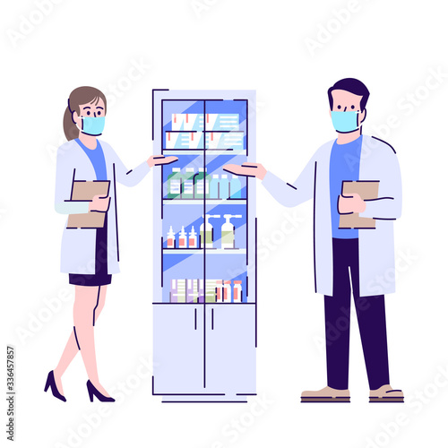 Pharmacy in coronavirus pandemic flat isolated vector illustration. Apothecaries in surgical masks 2D cartoon character with outline on white background. Medical drugs and sanitizers supply