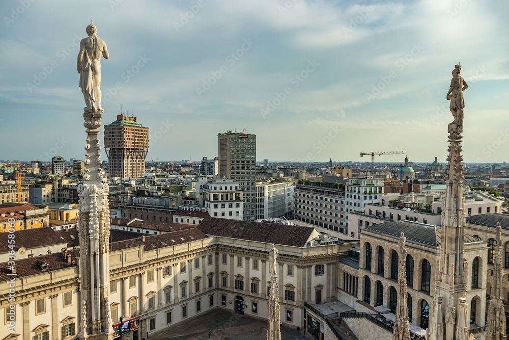 Fototapeta premium Milan, Italy - Aug 1, 2019: Aerial View from the roof of Milan Cathedral - Duomo di Milano, Lombardy, Italy