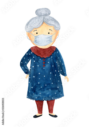 Senior citizen in protective mask during a pandemic. Grandmother on a white background in watercolor.