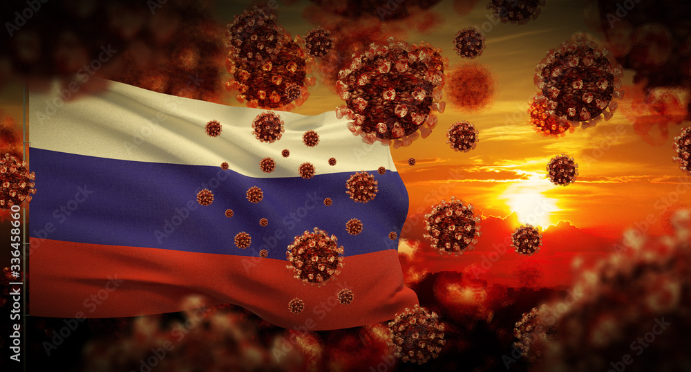 COVID-19 Coronavirus 2019-nCov virus outbreak lockdown concept concept with flag of Russia. 3D illustration.