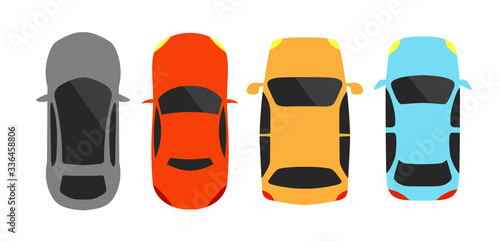 Different cars top view icons set. Vector illustration isolated on white background.