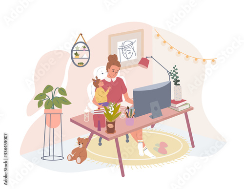 Cute happy mother holding her baby, sitting at desk and working on computer at home. Female freelance worker with child at workplace. People work at home during quarantine. Flat vector illustration.