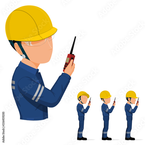 Set of worker is talking with the walkie-talkie.