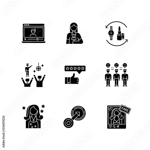 Social media promotion black glyph icons set on white space. Vlogger influencer. Female journalist. Fake celebrity social media account. Silhouette symbols. Vector isolated illustration