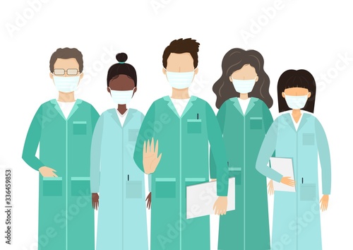 Vector cartoon flat illustration of doctors characters in medical face mask. Stop Coronavirus Covid-19. International medics team fighting against virus. Group of doctors, nurses and hospital workers.