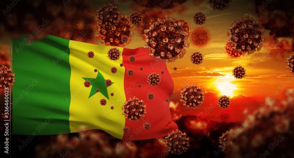 COVID-19 Coronavirus 2019-nCov virus outbreak lockdown concept concept with flag of Senegal. 3D illustration.