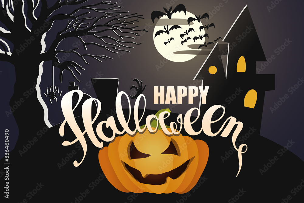 Happy Halloween. Scary pumpkin and Happy Halloween text on dark spooky cemetery with grave stones, tree, haunted house and flying bats in full moon light. Modern vector in flat style