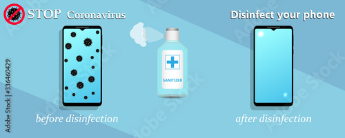 Sanitize smartphone. Cleaning mobile phone to eliminate germs, coronavirus Covid-19. Stop Coronavirus. Hygiene concept.