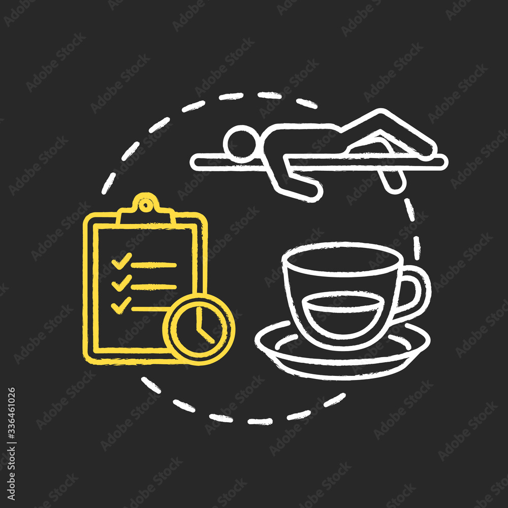 Schedule breaks chalk RGB color concept icon. Free time from work. Pause from studying. Overworked employee. Selfcare measure idea. Vector isolated chalkboard illustration on black background Schedule breaks chalk RGB color concept icon. Free time from work. Pause from studying. Overworked employee. Selfcare measure idea. Vector isolated chalkboard illustration on black background