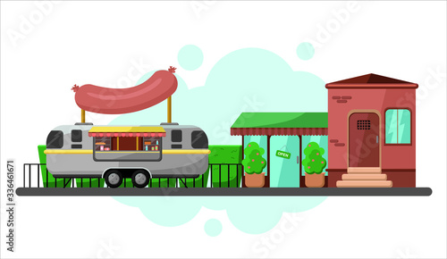 Foodtruck in the street and in the town. Big sausage foodtruck vector illustration. Food on wheels