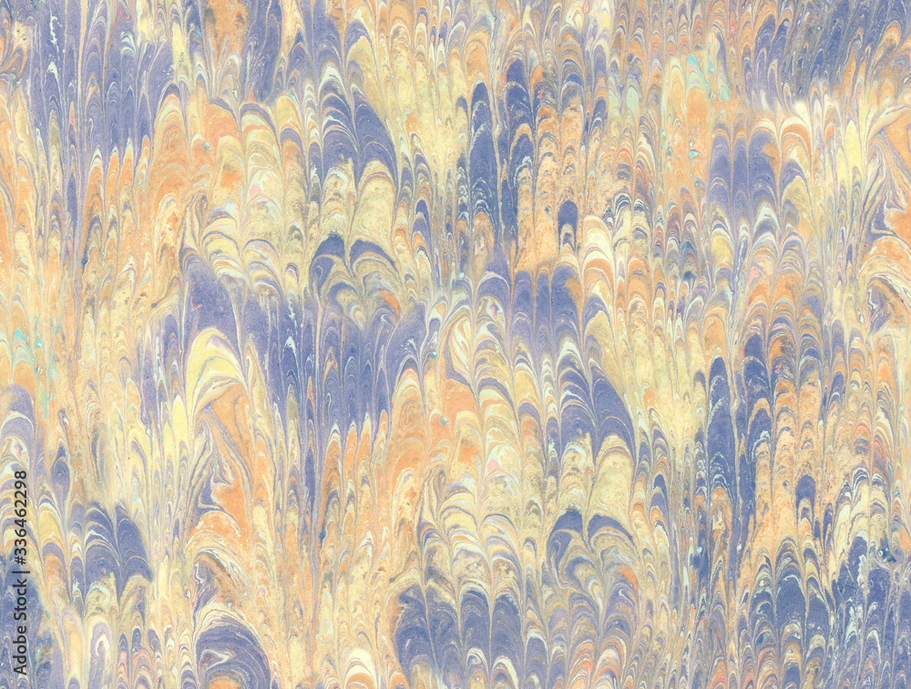Suminagashi art texture pattern in yellow and blue. Watercolor marbling.