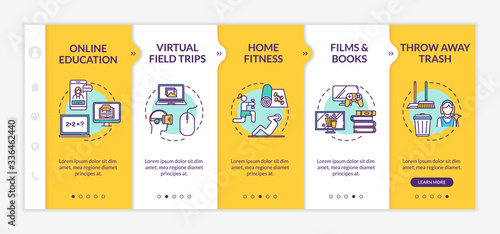 Home activity, education and recreation onboarding vector template. Entertainments, fitness, virtual trips. Responsive mobile website with icons. Webpage walkthrough step screens. RGB color concept