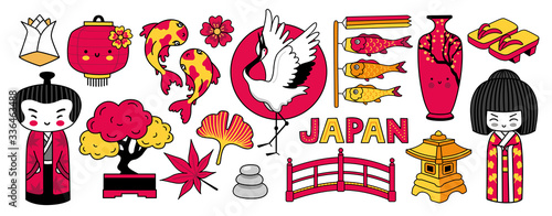 Kawaii japanese geisha, bonsai, koinobori, koi carps and crane. Japanese garden. Set of cartoon stickers, patches, badges, pins and prints. Vector illustration