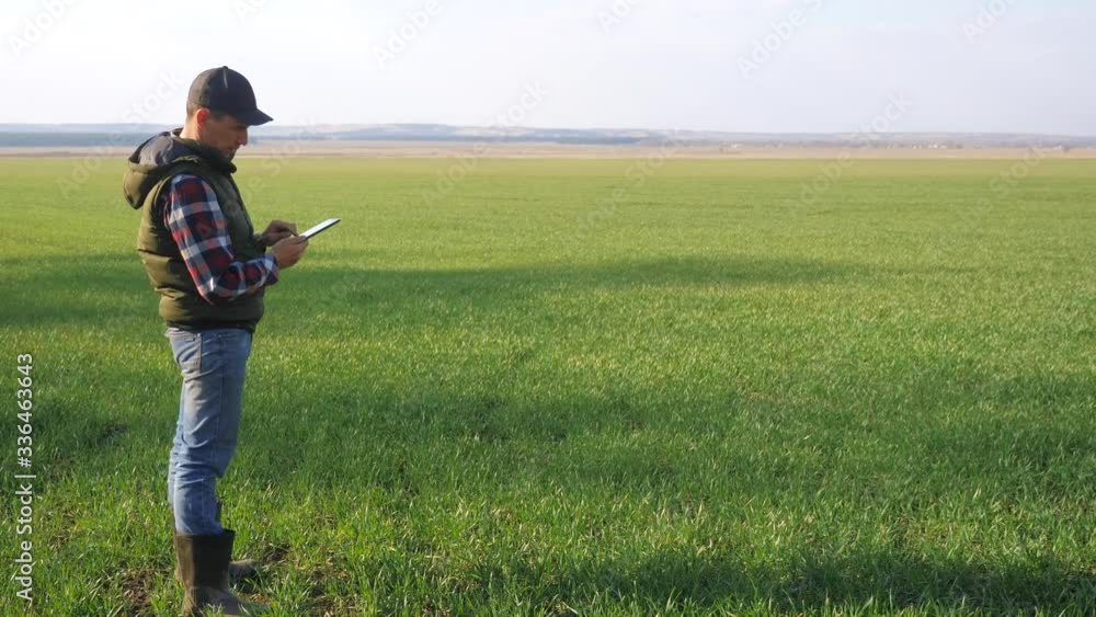 man farmer red neck with lifestyle a digital tablet walks on a green field. eco smart farming agriculture concept. male worker studies winter green wheat crops works in the field man farmer red neck with lifestyle a digital tablet walks on a green field. eco smart farming agriculture concept. male worker studies winter green wheat crops works in the field