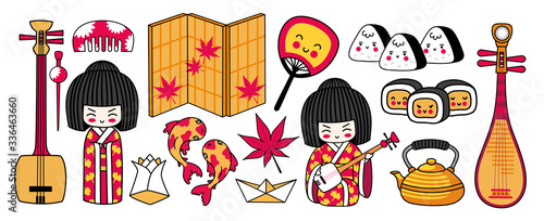 Cute geisha girl playing shamisen, biwa, sushi, koi carps and origami. Big set of japanese symbols for stickers, patches, badges, pins, prints. Kawaii cartoon characters. Vector illustration.