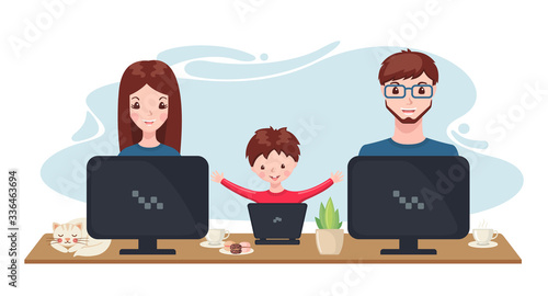 Happy Family working and studying at home with computer in cartoon style.