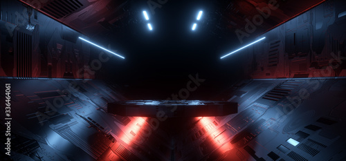 Fototapeta Naklejka Na Ścianę i Meble -  Sci Fi Alien Stage Podium Futuristic Showcase Showroom Platform Tunnel Corridor Garage Motherboard Chip Schematic Texture Realistic Glowing Blue Red Vibrant Dark Background 3D Rendering