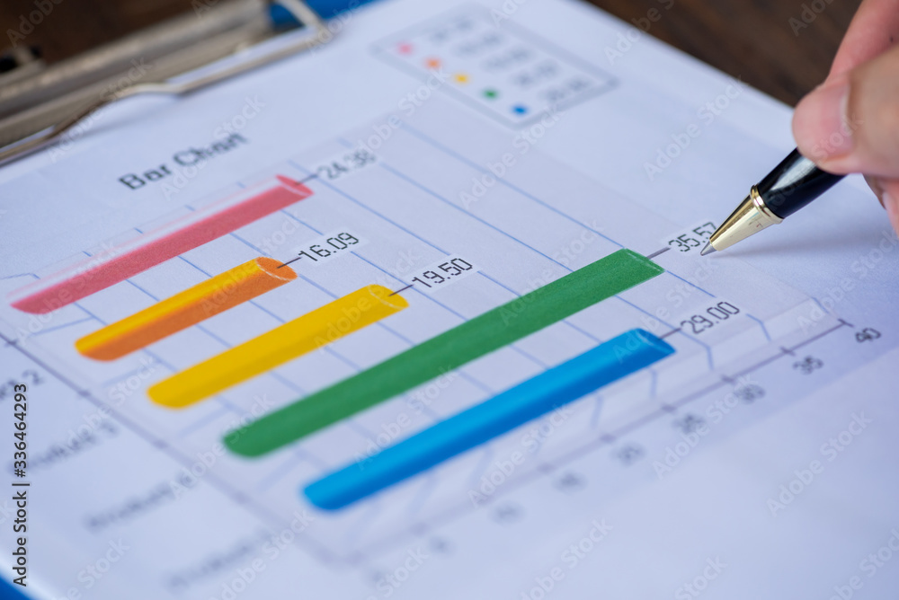 hand using a pen point on critical point in bussiness graph sheet