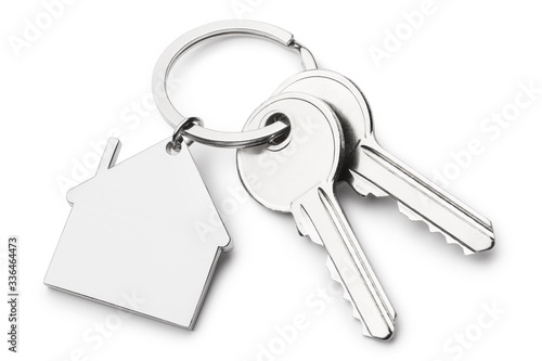 Blank house shaped keychain with two keys, isolated on white background