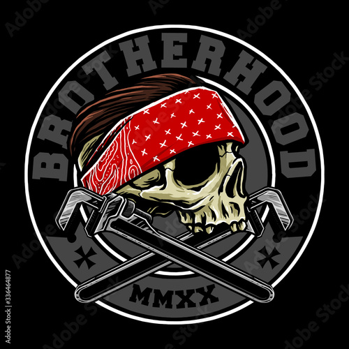 skull wearing head ban or bandana and cross wrench brotherhood rider vector illustration