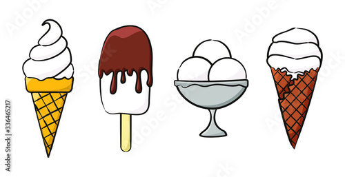 Hand-drawn pictures of ice cream types. Waffle cone, popsicle, ice cream balls in a bowl isolated on white background. Vector illustration for decoration of a cafe, menu, restaurant, holiday.