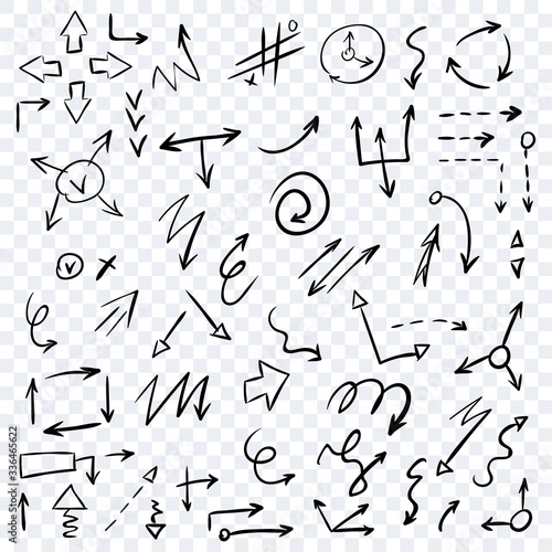 Arrow doodles vector. A set of simple sketches of arrows. Up, down, left, right ones. The effect of a pencil sketch isolated on transparent background. Vector eps 10.