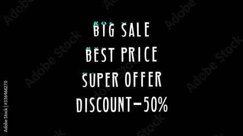 Text animation on transparent background. Big sale, Best price, Super offer, Discount - 50%. Easy to ad to your project. Lower third isolated motion graphics