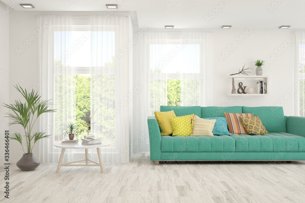 Fototapeta premium White living room with sofa. Scandinavian interior design. 3D illustration