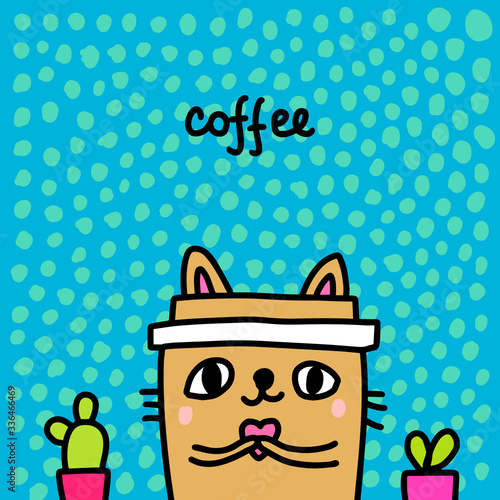 Coffee hand drawn vector illustration in cartoon comic style cup of drink cat form tender sweet heart