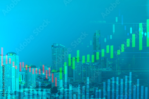 double exposure cityscape view and candlestick with fibonacci indicator graph on green background color concept  financial chart or business growth graph concept  copy space at left