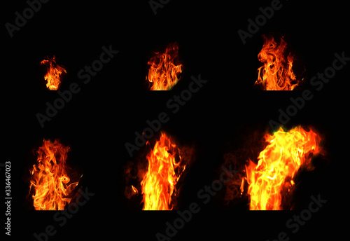 6 sets of heat energy flames from small to large, respectively Installed on a black background Natural yellow red heat energy