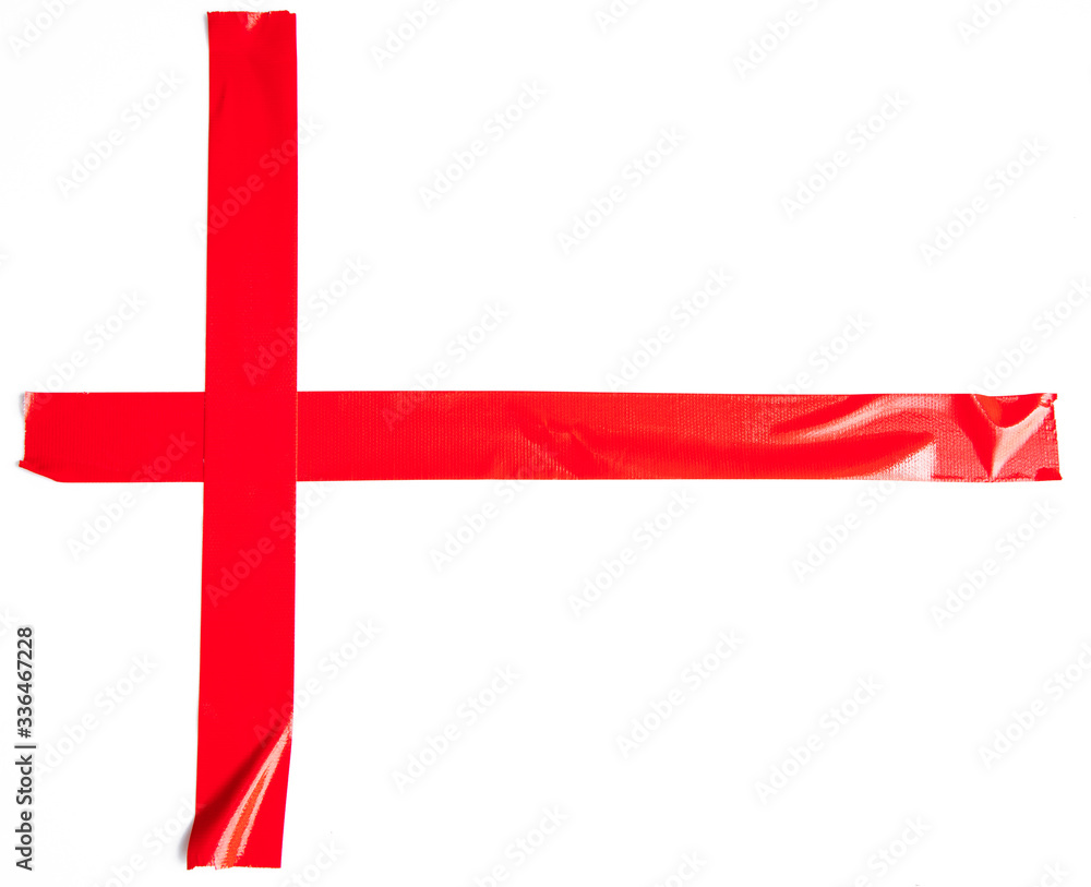 Obraz premium Set of red tapes on white background. Torn horizontal and different size sticky tape, adhesive pieces.