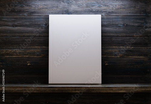Empty book on a wooden shelf. Night interior of a country house. Presentation of the book. 3D rendering.