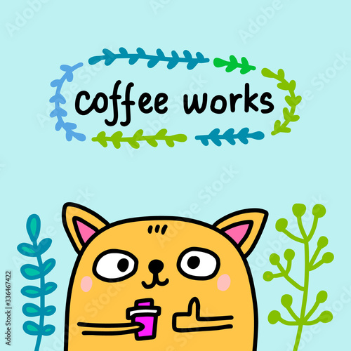 Coffee works hand drawn vector illustration in cartoon comic style cat showing ok sign good