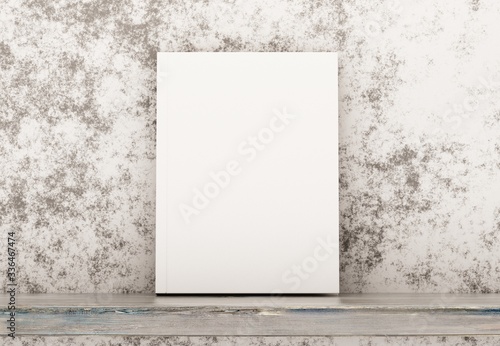 An empty white book on a shelf on a stone wall. Advertising and presentation of the book. 3D rendering.
