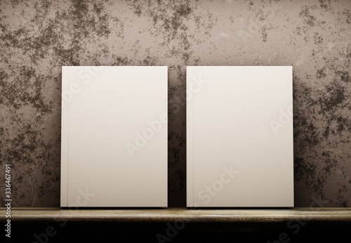Two books on a wooden shelf in front of a stone wall. Presentation of the book. Template for advertising two books. 3D rendering.