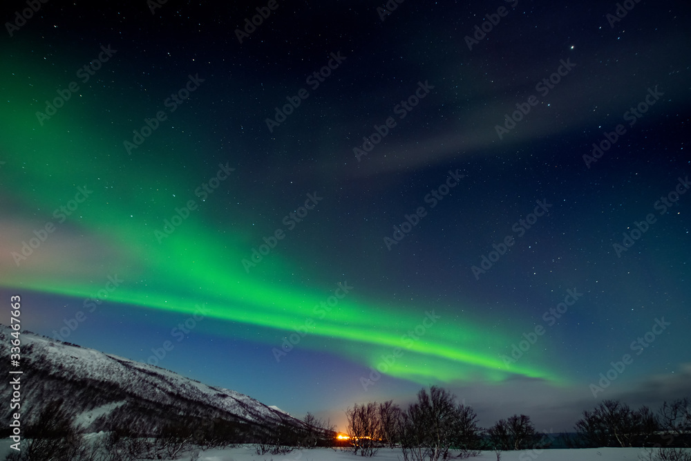 Northern light sky with stars. Winter landscape at night