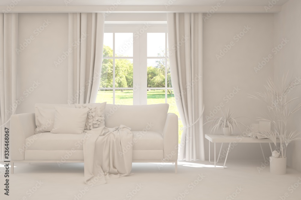 Fototapeta premium White living room with sofa and summer landscape in window. Scandinavian interior design. 3D illustration