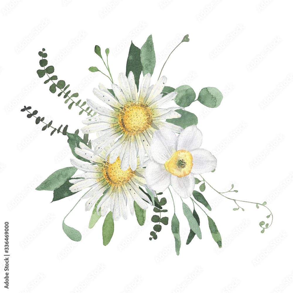 Watercolor summer floral fields bouquet with daisy narcissus flowers greenery leaves foliage isolated. Floral spring frame blossom boho illustration wedding invitation save the date card - obrazy, fototapety, plakaty 